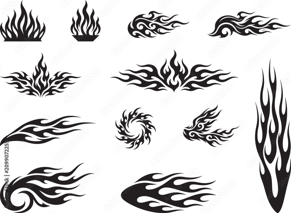 Obraz premium Minimalist Tribal Flame Collection Featuring Fire Blaze Black Silhouette Vector Design Elements
