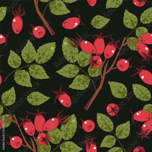 Wild Rosehip Branch Seamless Pattern Flat Vector. Forest Berries Texture for Nature Design, Herbal Branding, Rustic Decor. Repeat Background for Wallpaper, Textile, Wrapping Paper. Botanical Style