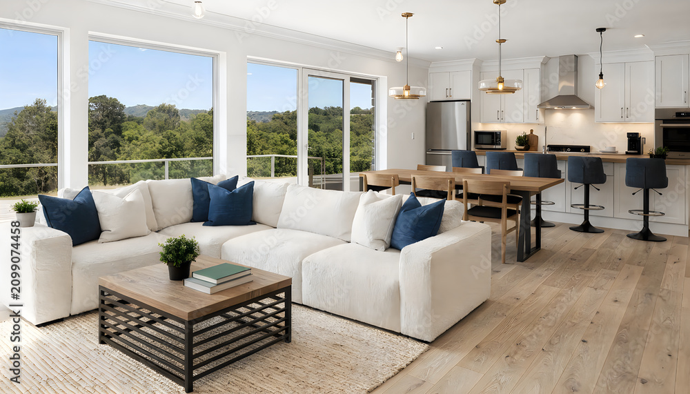 Fototapeta premium Bright modern living room with comfortable sofa and open kitchen interior design in residential home.