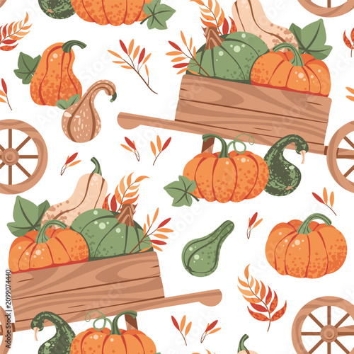 Pumpkins in Wooden Wheelbarrow Seamless Pattern Flat Vector. Harvest Festival and Thanksgiving Texture for Seasonal Branding, Autumn Decor. Repeat Background for Wallpaper, Textile, Wrapping Paper.