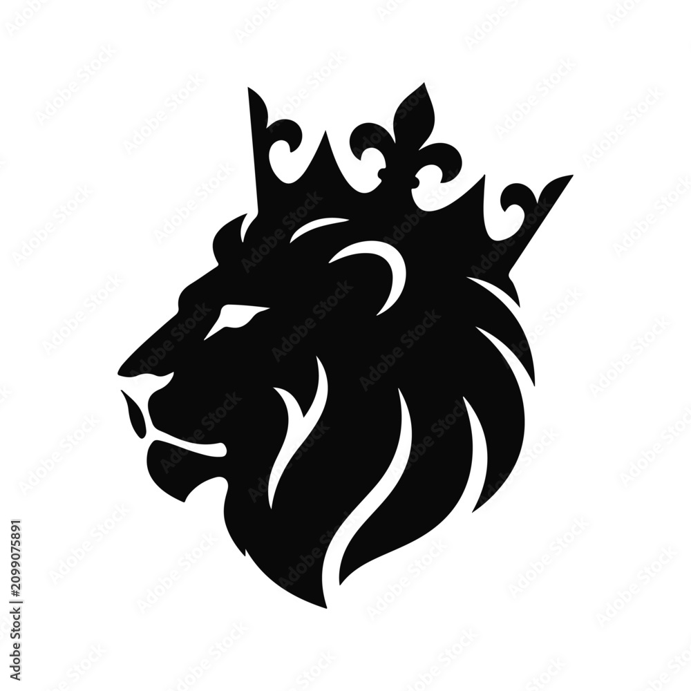 Obraz premium Majestic king lion profile with royal crown vector illustration for premium logo design