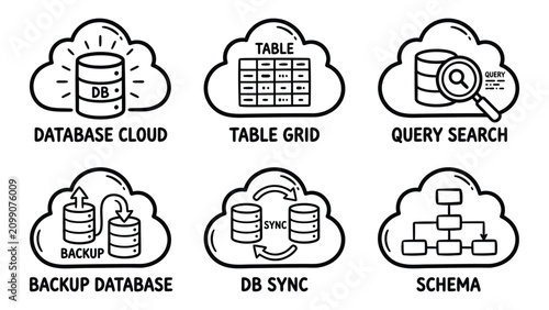 Tableau sur toile Set of hand drawn cloud database and server icons for web and data storage