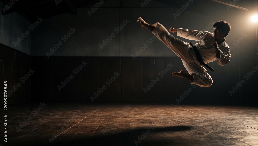 Fototapeta premium Dynamic martial artist performing a powerful mid-air jump kick in a dark training dojo