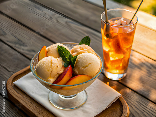 Peach Gelato Sundae with Fresh Slices and Iced Tea at Sunset on Wooden Table