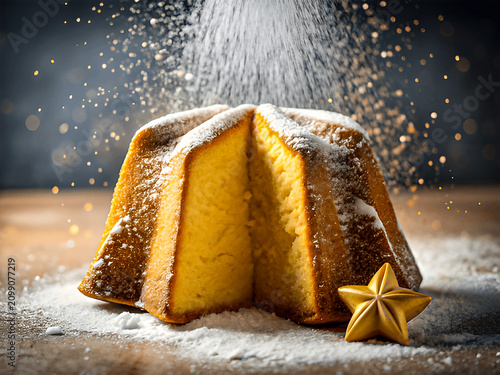 Pandoro Venetian Christmas Cake Dusted with Powdered Sugar on Wooden Surface with Golden Star