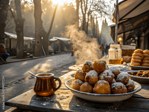 Outdoor Market Scene with Steaming Hot Frittelle di Carnevale Golden Carnival Fritters Dusted with Powdered Sugar on Ceramic Plate