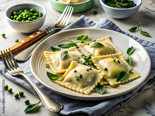 Ravioli alla Panna with Peas, Fresh Herbs and Shaved Parmesan on White Plate with Cutlery on Marble Counter Minimalist Shot