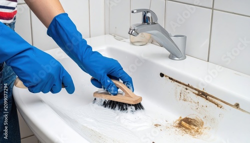 Woman Cleaning Bathroom Sink and Toilet with Brush and Gloves, Home Hygiene and Housework Concept with Water, Faucet, Toothbrush and Interior Maintenance Routine