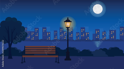 Moonlit City Park with Lake Reflection Street Lamp and Full Moon Peaceful Night Background