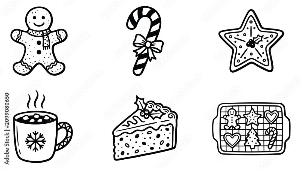 Fototapeta premium Set of cute hand drawn christmas cookies and holiday treats in doodle style
