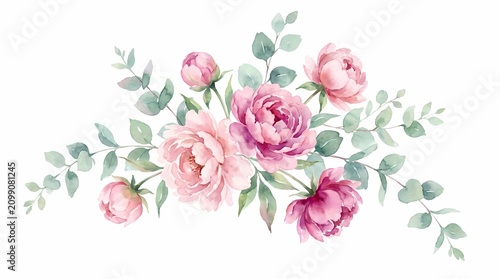 Elegant Pink Peony Watercolor Floral Bouquet with Eucalyptus Leaves Botanical Illustration