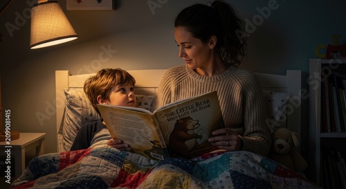 A mother and son lying in bed, reading a bedtime story book titled 'The Little Bear Who Lived in the Woods' by A.A. Milne.