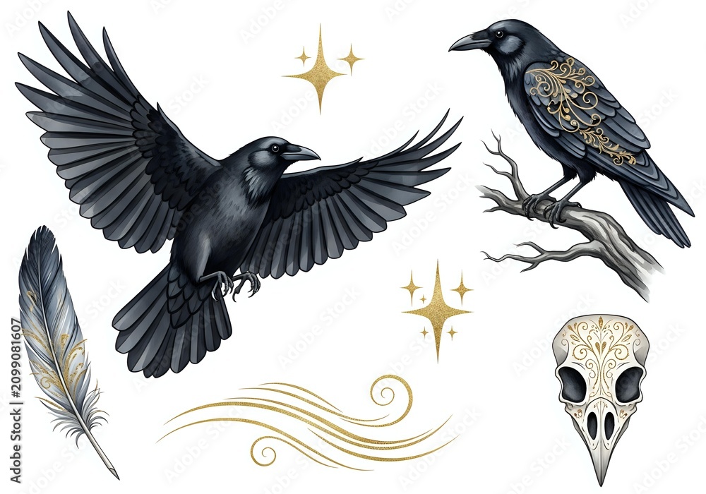 Naklejka premium Black crow in flight with spread wings and perched raven with gold accents, isolated skull and feathers on white background for design, clipart, and decorative projects.