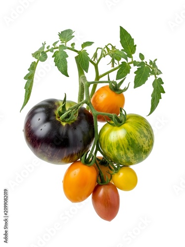 Heirloom tomato plant branch with ripe and ripening fruits in various stages of maturity, isolated on white background for culinary, gardening, and agricultural design projects.