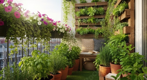 A vibrant balcony garden with a variety of plants and flowers, including herbs and succulents, arranged in a lush and colorful display.
