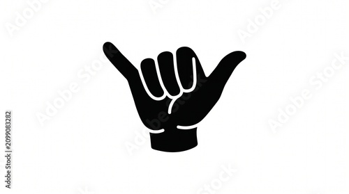   
Black silhouette of hand making shaka gesture with thumb and pinky extended, symbolizing friendliness, goodwill, and relaxed attitude in Hawaiian and surfing culture.