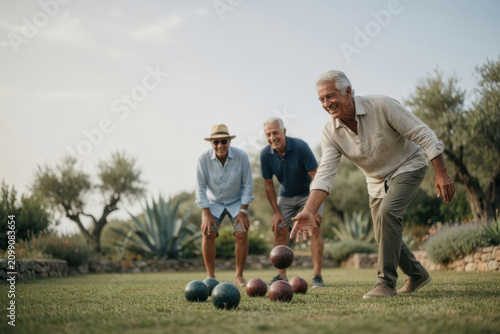 Senior man lawn game active retirement outdoor leisure smiling friend summer garden casual clothing green grass bocce ball teamwork happiness Active senior fitness concept