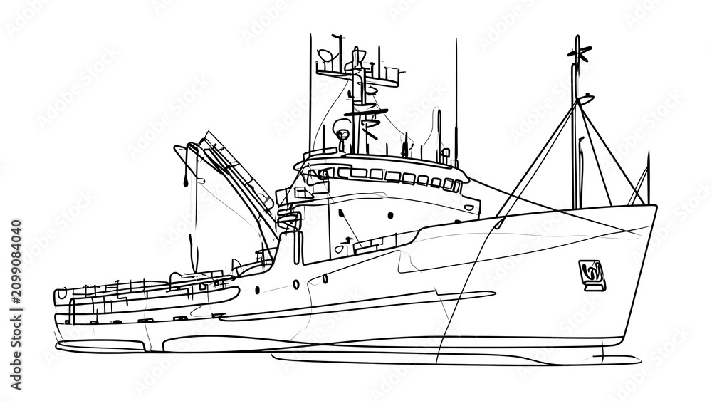 Obraz premium Line drawing of a fishing ship white background.
