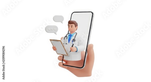 3D Illustration of Online Medical Consultation with Doctor Character on Smartphone Screen for Telemedicine Concept