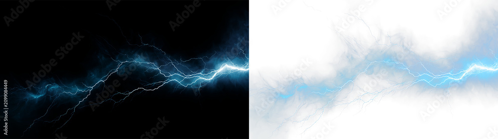Fototapeta premium Electric blue lightning bolts with soft clouds on transparent background creating a dynamic scene for designs and graphics