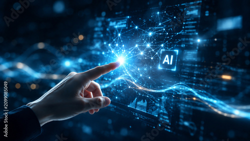 Futuristic hand touching digital AI interface, glowing network connection, technology innovation