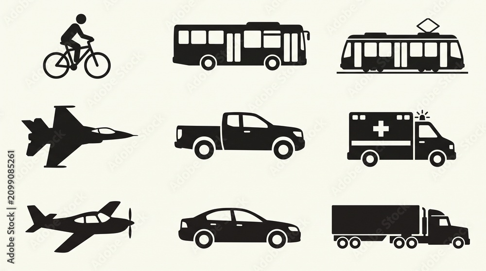 Fototapeta premium Nine black silhouette icons in 3x3 grid showing bicycle, bus, tram, jet fighter, pickup truck, ambulance, airplane, car, and semi-truck, symbolizing varied transport modes.