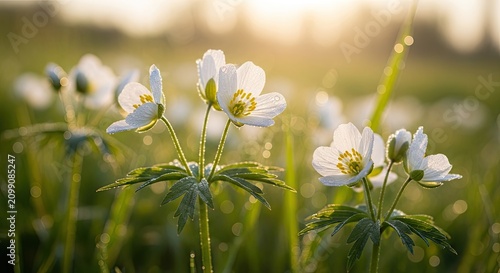 White anemone flowers with yellow centers, blooming in a field with green grass and sunlight, creating a serene and natural setting.