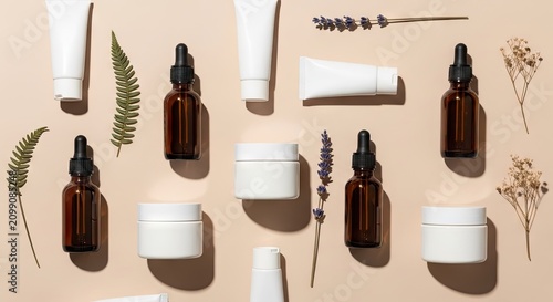 A collection of skincare products arranged on a beige background with lavender flowers and fern leaves.