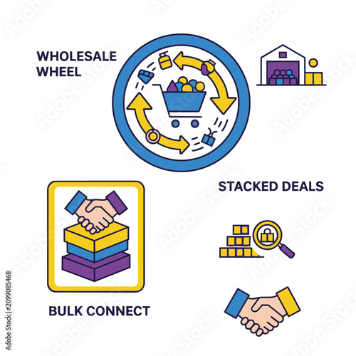 Dynamic flat vector icons in bold blue, yellow, and purple hues illustrate wholesale business concepts like the 'wholesale wheel' with a shopping cart, 'stacked deals' with