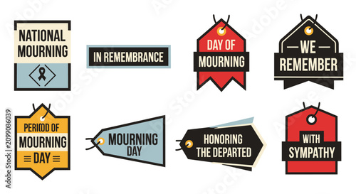 Collection of memorial badges and tags in black, red, and light blue, featuring phrases like 'national mourning', 'in remembrance', 'day of mourning', 'we remember', 'period of