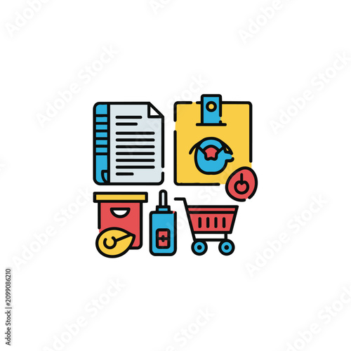 Clean vector icons depict business workflow: document, clipboard with globe, shopping cart, and dispenser, rendered in vibrant blue, yellow, red, and black for modern web design
