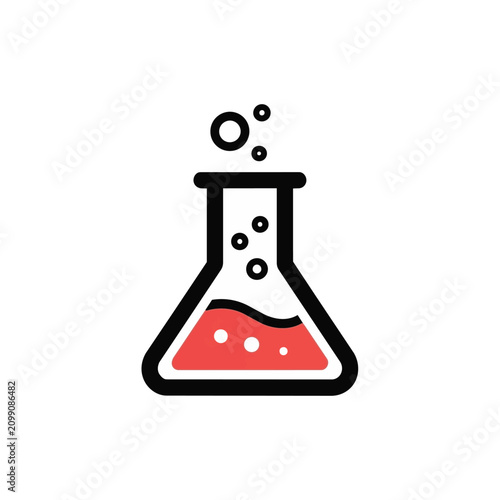 Clean, scalable vector graphic depicting a vibrant coral liquid bubbling in a laboratory flask with clear, bold black outlines, representing scientific discovery and chemical