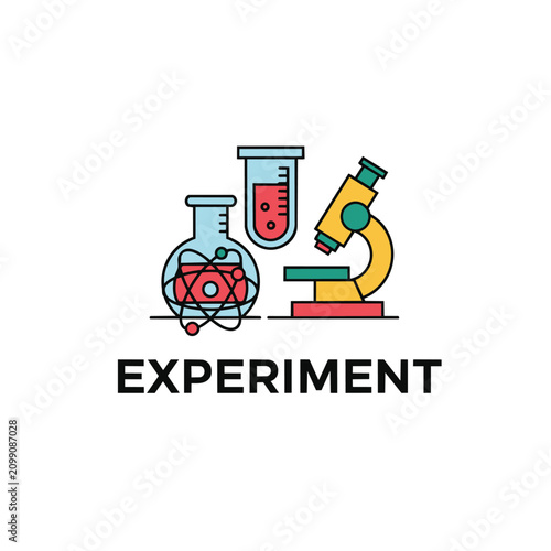 Clean, modern vector graphic depicting a scientific experiment with a round flask, test tube, and microscope in vibrant yellow, red, and cyan, symbolizing discovery and research.