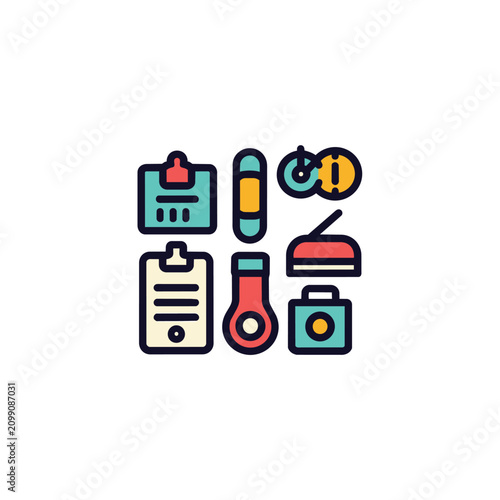 Clean, modern vector graphics featuring essential business tools like clipboards, a thermometer, and a camera, rendered in a vibrant teal, yellow, and red palette, perfect for