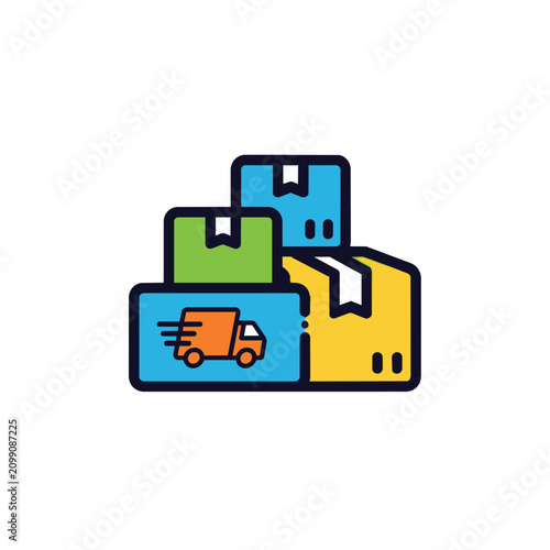 Brightly colored shipping boxes stacked with a dynamic delivery truck icon, symbolizing efficient logistics and rapid e-commerce fulfillment in a clean, modern vector graphic.
