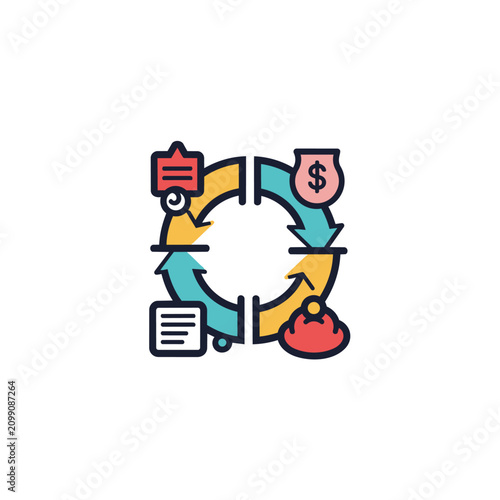Circular workflow with financial and document icons in vibrant teal, yellow, and coral hues, representing business process optimization and scalable project management.