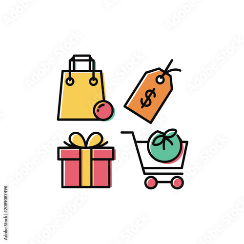 Bright yellow shopping bag, orange price tag with dollar sign, pink gift box tied with yellow ribbon, and a miniature shopping cart filled with green produce, conveying a vibrant