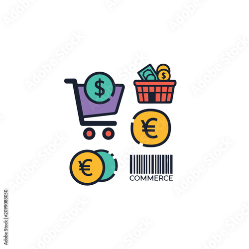 Bright purple shopping cart overflowing with green dollar coins and a red basket filled with cash and gold euro coins, symbolizing e-commerce and financial transactions.