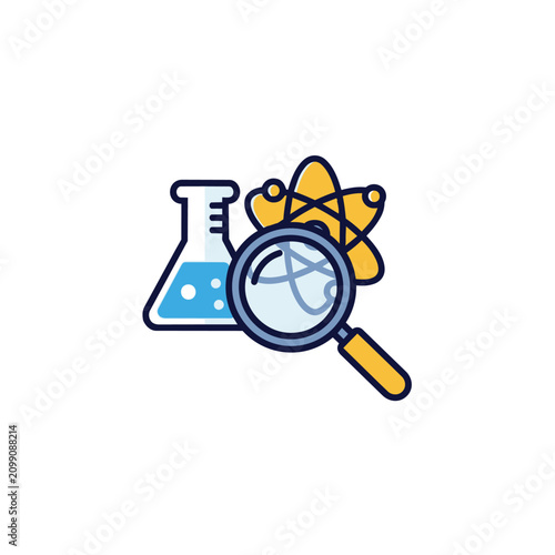 Bright blue flask with bubbles and a magnifying glass examining a yellow atom model, symbolizing scientific discovery and research with clean lines and vibrant colors for