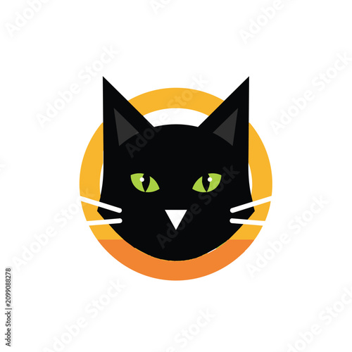 Bold black feline head with piercing green eyes and sharp ears, framed by a vibrant orange and yellow circular gradient, conveying a modern and graphic aesthetic for pet-related