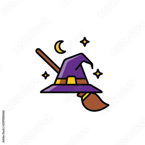 Whimsical purple witch hat with golden trim and a rustic broomstick, set against a starry night sky with a crescent moon, evoking magical halloween celebrations and fantasy