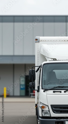 White delivery truck parked at warehouse with copy space for advertising. Refrigerated transport vehicle for logistics and supply chain distribution. Commercial cargo ship concept.