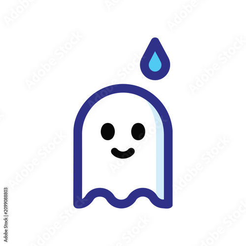 Whimsical blue and white ghost character with a happy smile and a falling raindrop, representing playful weather or a cute halloween theme, perfect for digital or print media.