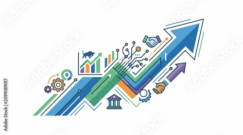 Colorful abstract illustration of financial growth and technology integration with arrows