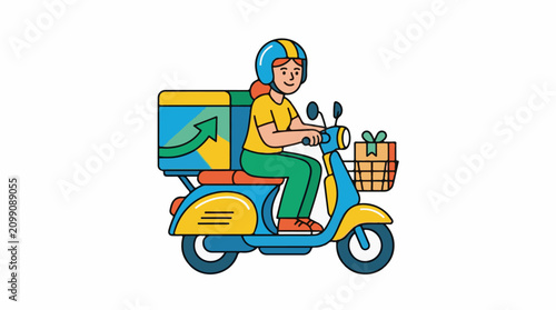 Cheerful person on scooter delivering package with a gift in basket