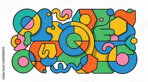 Abstract geometric shapes with playful curves and vibrant colors