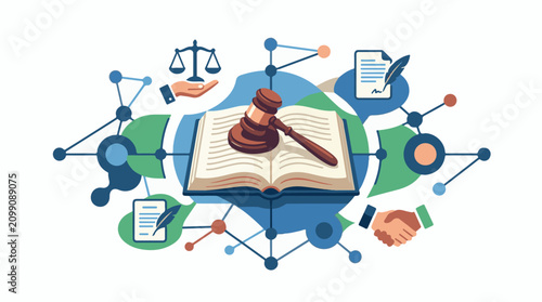Abstract legal concept with gavel scales and handshake