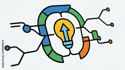 Abstract colorful concept of a lightbulb with an upward arrow and branching networks