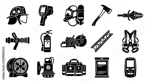 Firefighting and Emergency Rescue Tools  Equipment Black and White Glyph Icons