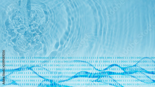 binary code and algorithm graph curves isolated on flowing water background with water jet, concept with copy space for tokenization and digital data of water resources, allocation and consumption